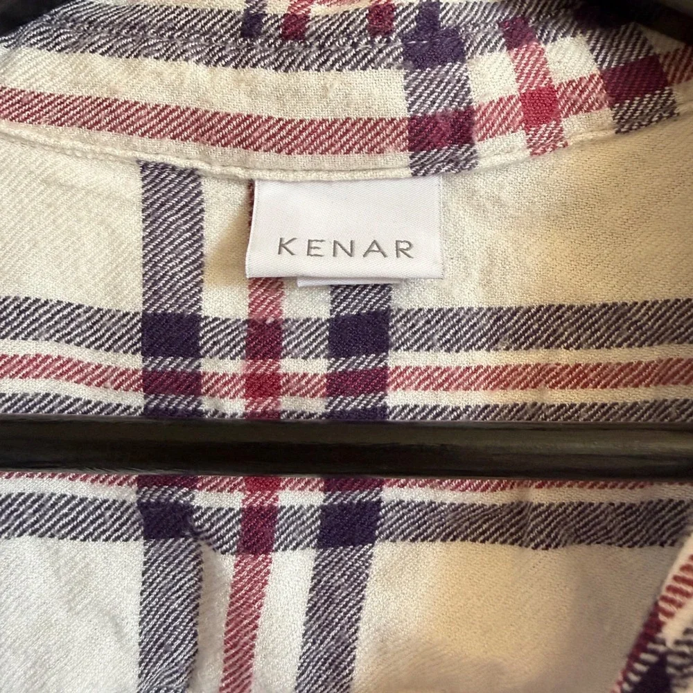 Kenar Womens Large Plaid Button Down Shirt Long Sleeve Rayon White Burgundy Navy
